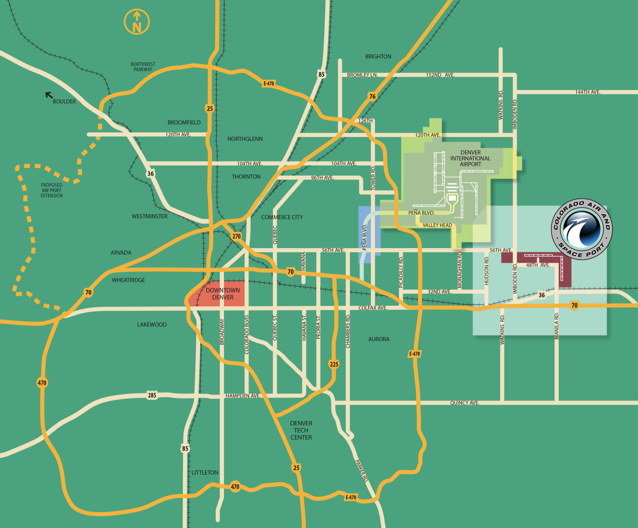 Map of Denver's road network highlighting Downtown Denver, Denver International Airport, and Colorado Air and Space Port logo